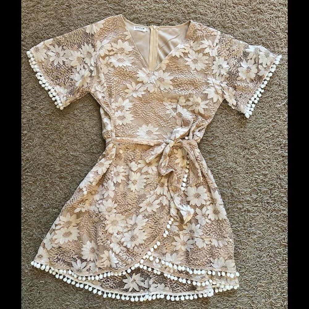 SHEIN Floral Lace Wrap Dress with Pom-Pom Trim Sz L